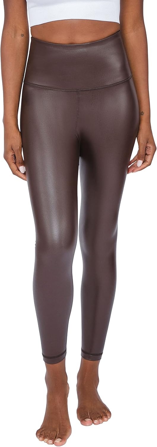 image:image90 Degree By Reflex Super High Waist High Shine Faux Leather Fleece Lined Elastic Free Ankle LeggingsChocolate Torte