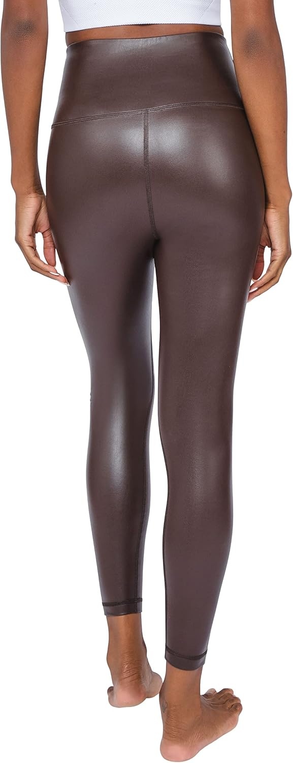 image:image90 Degree By Reflex Super High Waist High Shine Faux Leather Fleece Lined Elastic Free Ankle LeggingsChocolate Torte