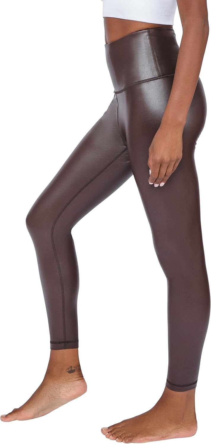 image:image90 Degree By Reflex Super High Waist High Shine Faux Leather Fleece Lined Elastic Free Ankle LeggingsChocolate Torte