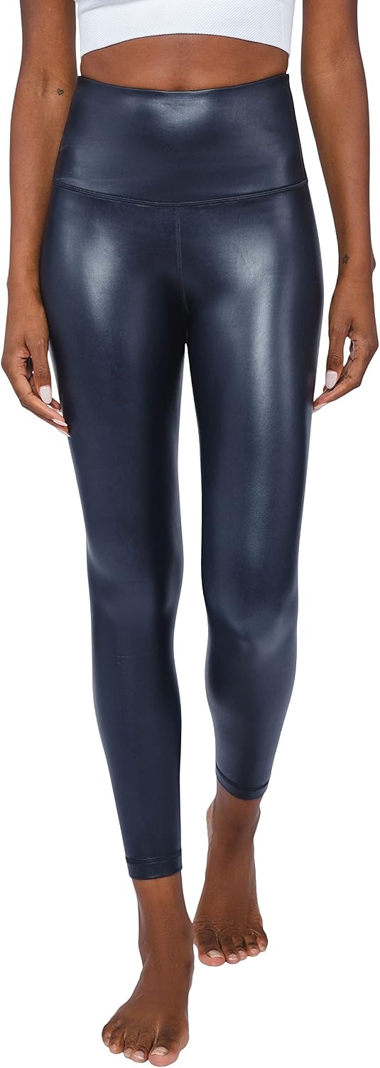 image:image90 Degree By Reflex Super High Waist High Shine Faux Leather Fleece Lined Elastic Free Ankle LeggingsDark Navy