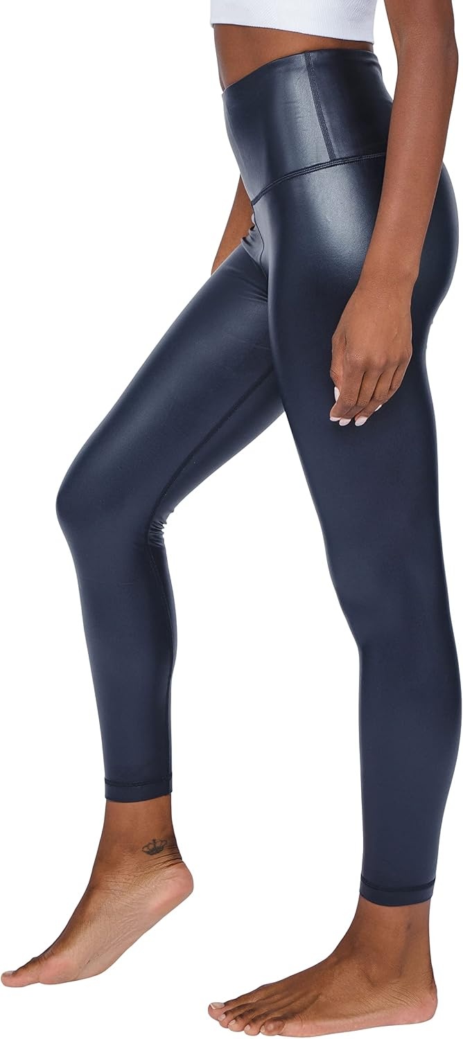 image:image90 Degree By Reflex Super High Waist High Shine Faux Leather Fleece Lined Elastic Free Ankle LeggingsDark Navy