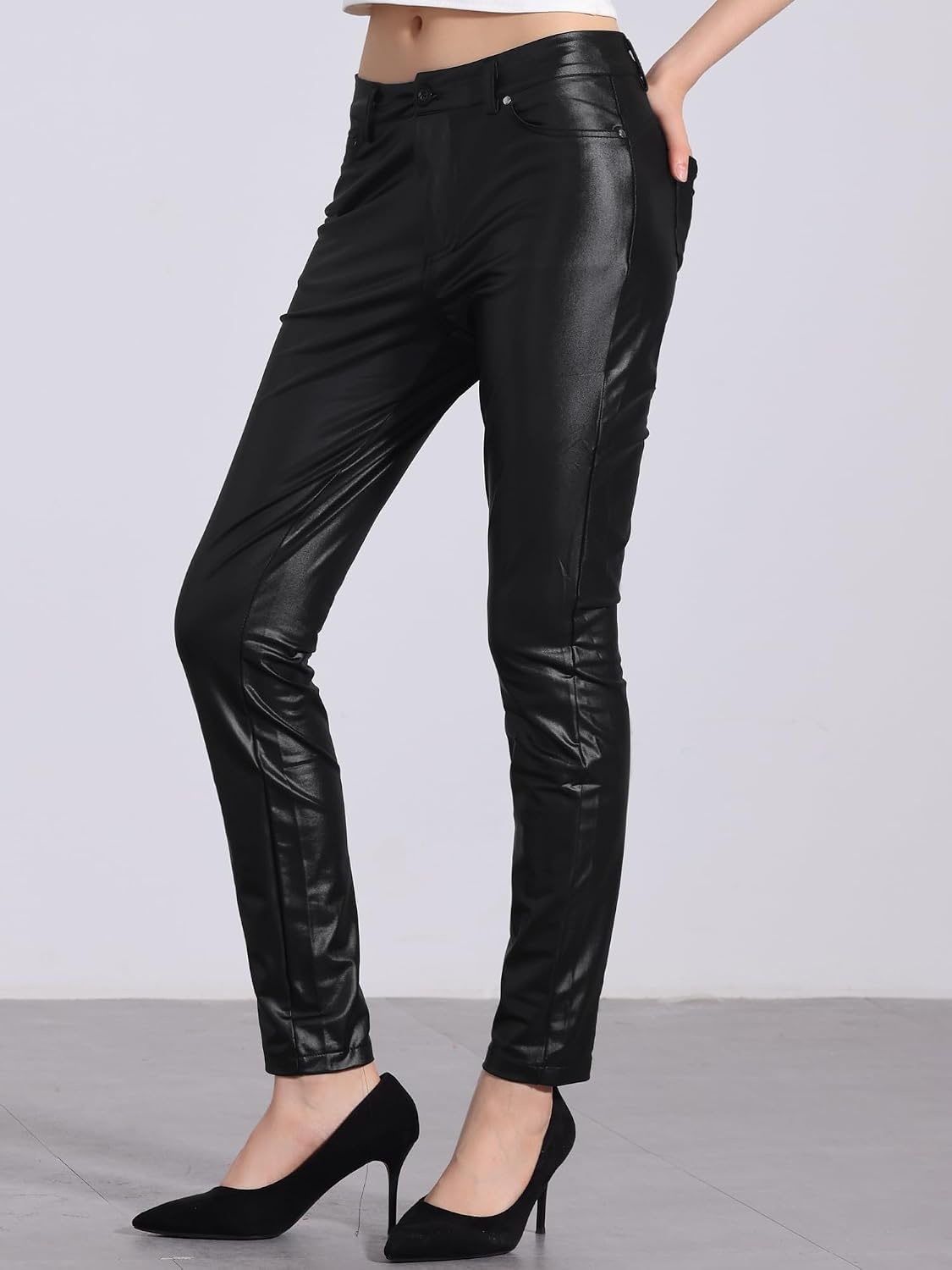 image:imageAllegra K Leather Pants for Women High Waist Stretch Tights Motorcycle Leggings with PocketsBlack