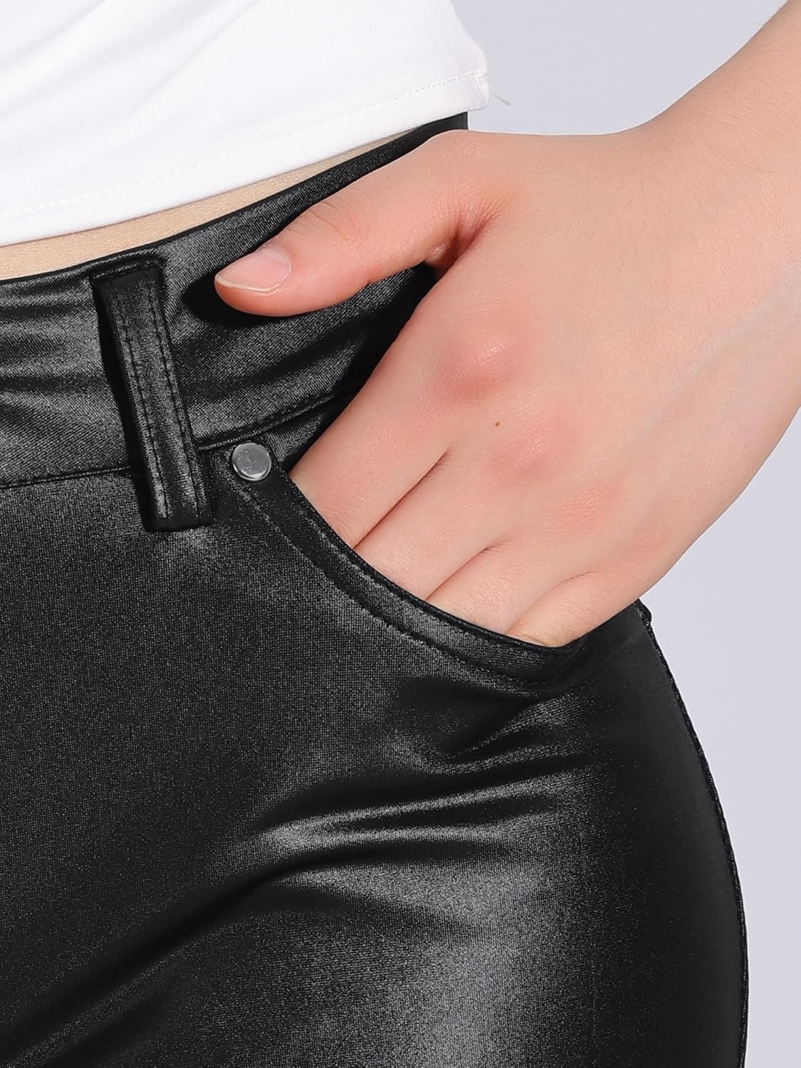 image:imageAllegra K Leather Pants for Women High Waist Stretch Tights Motorcycle Leggings with PocketsBlack