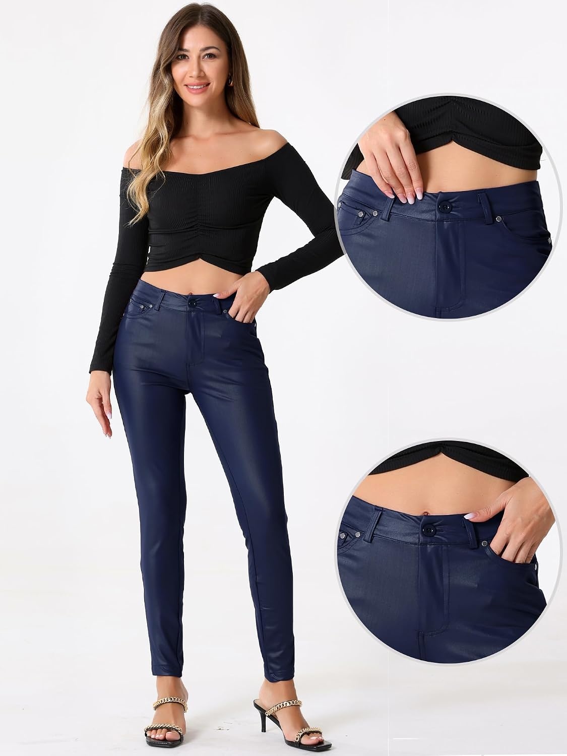 image:imageAllegra K Leather Pants for Women High Waist Stretch Tights Motorcycle Leggings with PocketsBlue