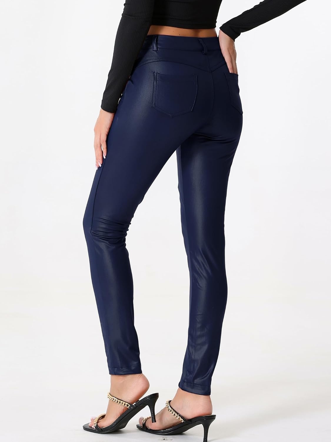 image:imageAllegra K Leather Pants for Women High Waist Stretch Tights Motorcycle Leggings with PocketsBlue