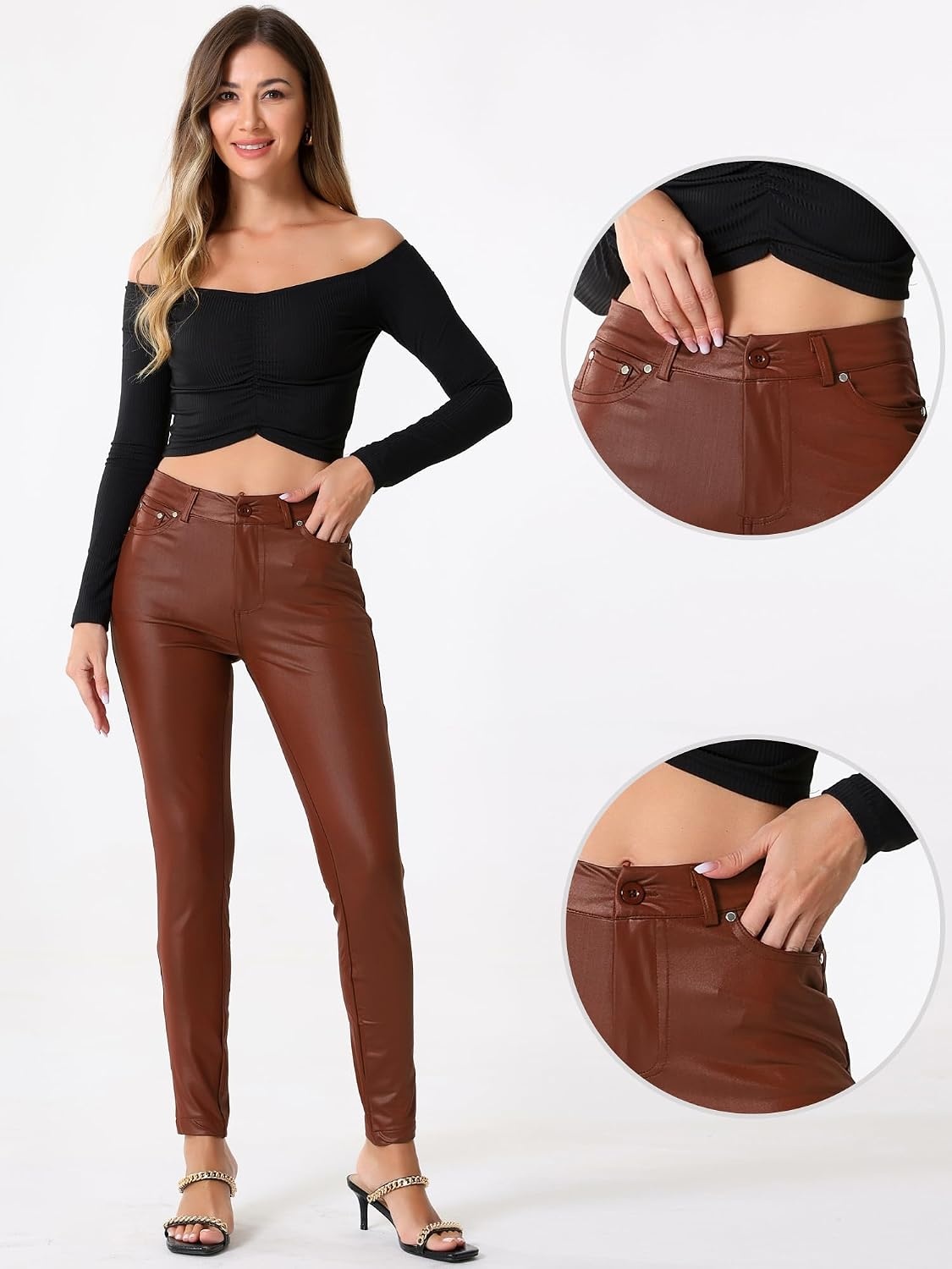 image:imageAllegra K Leather Pants for Women High Waist Stretch Tights Motorcycle Leggings with PocketsBrown