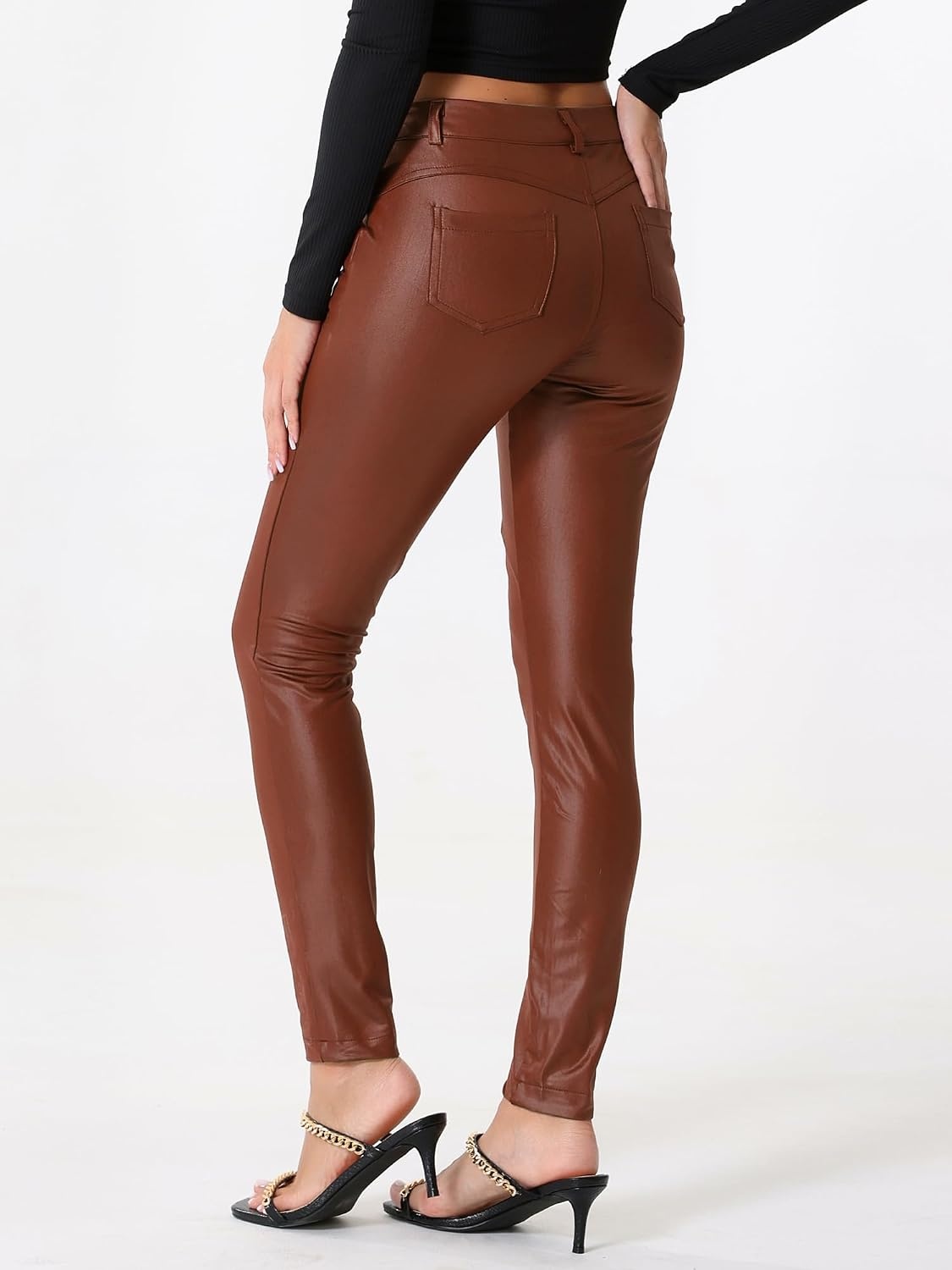 image:imageAllegra K Leather Pants for Women High Waist Stretch Tights Motorcycle Leggings with PocketsBrown