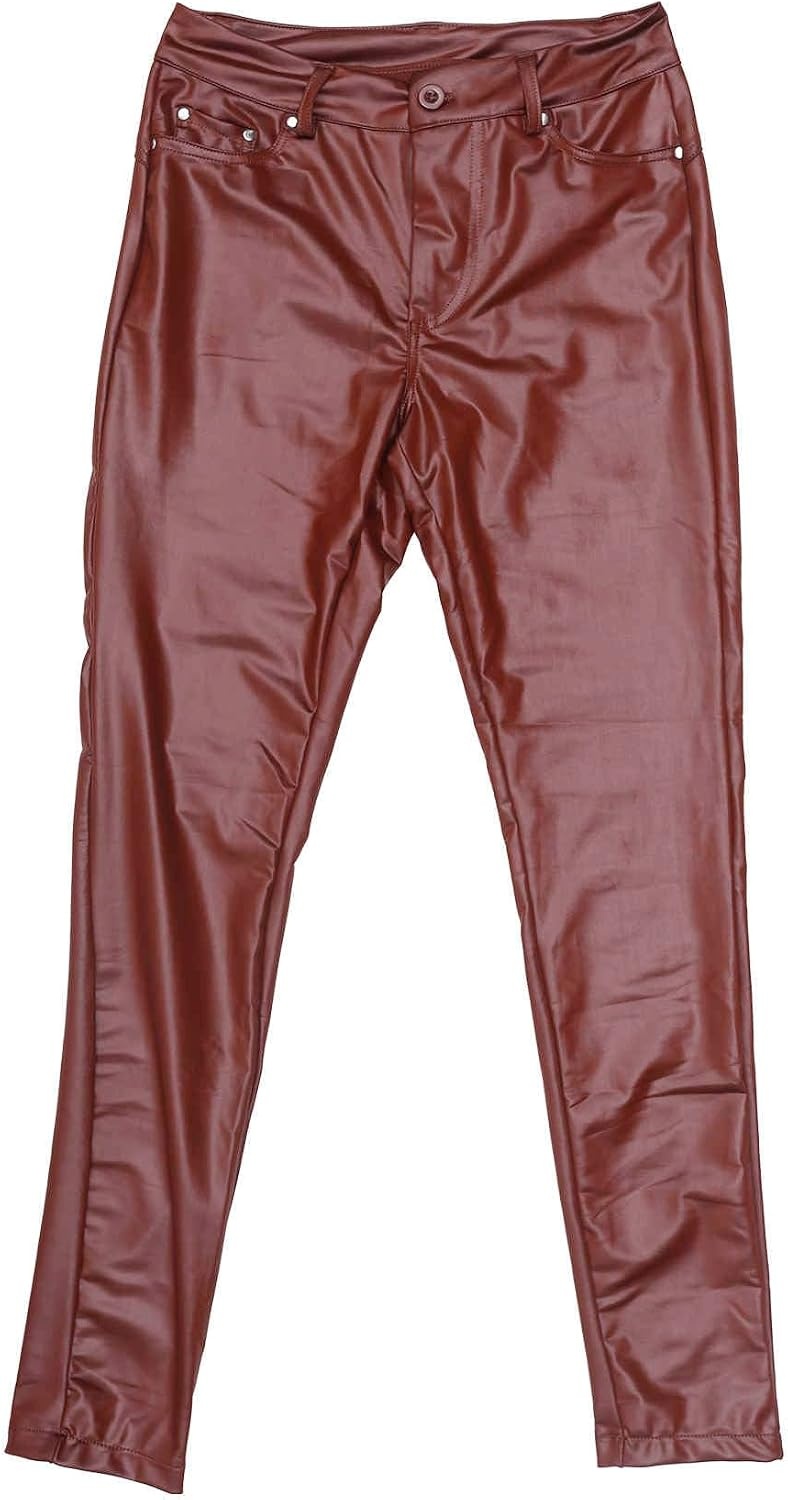 image:imageAllegra K Leather Pants for Women High Waist Stretch Tights Motorcycle Leggings with PocketsBrown