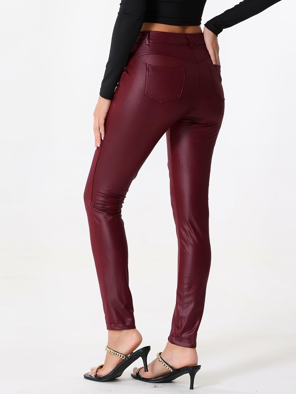 image:imageAllegra K Leather Pants for Women High Waist Stretch Tights Motorcycle Leggings with PocketsBurgundy