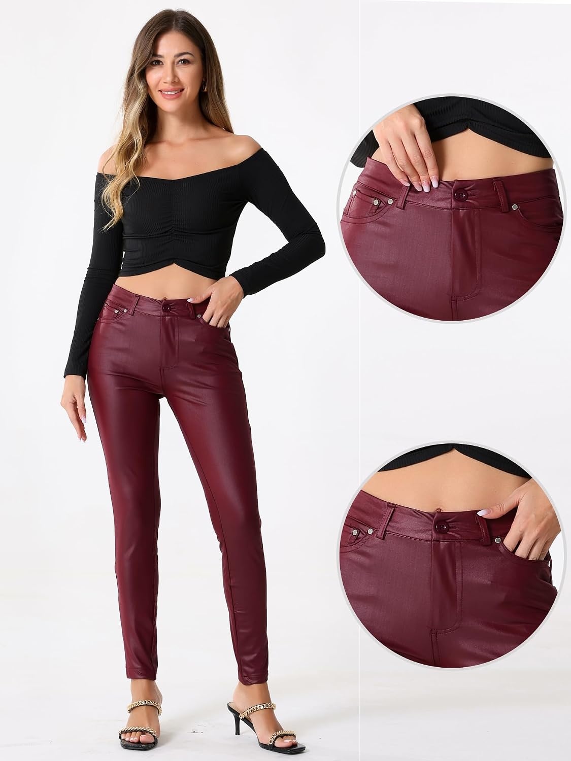 image:imageAllegra K Leather Pants for Women High Waist Stretch Tights Motorcycle Leggings with PocketsBurgundy