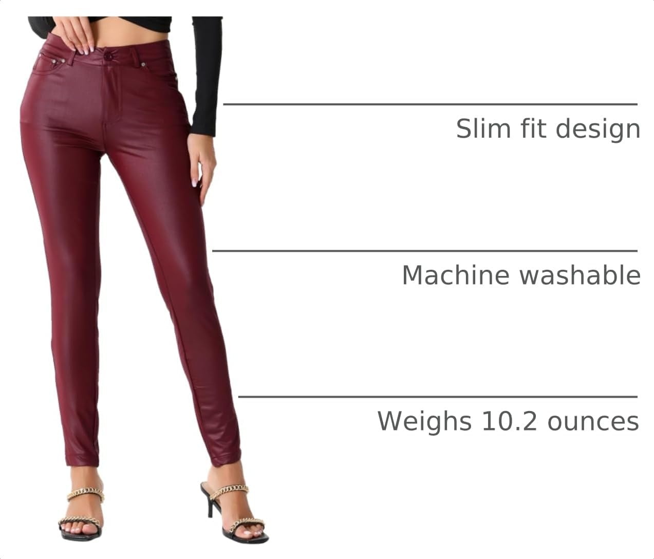image:imageAllegra K Leather Pants for Women High Waist Stretch Tights Motorcycle Leggings with PocketsBurgundy