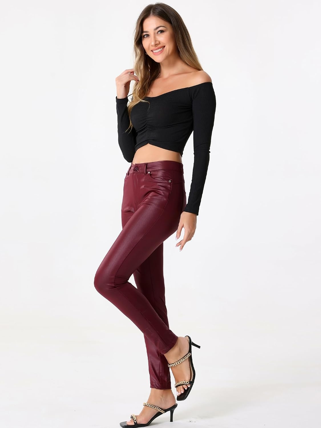 image:imageAllegra K Leather Pants for Women High Waist Stretch Tights Motorcycle Leggings with PocketsBurgundy