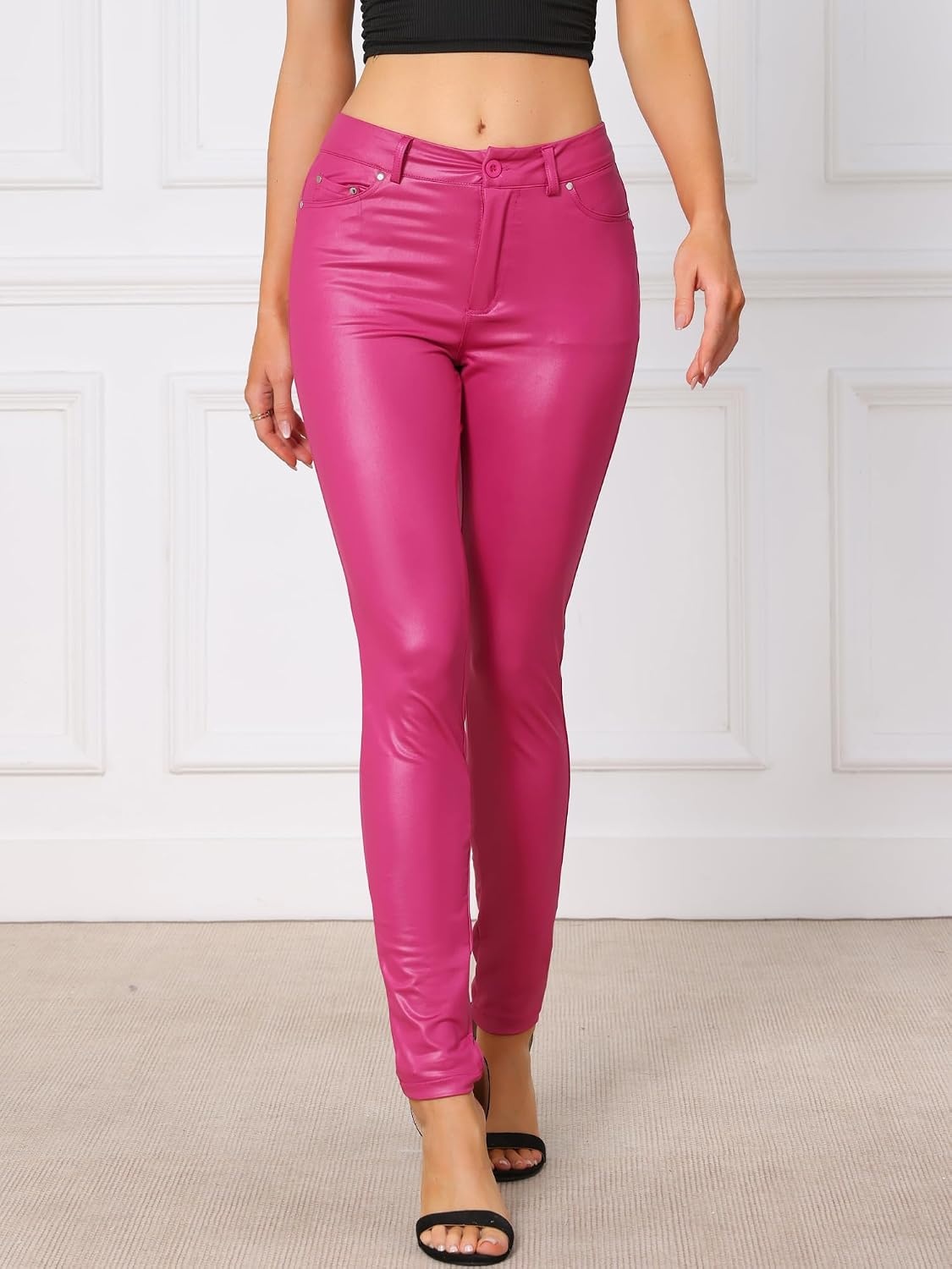 image:imageAllegra K Leather Pants for Women High Waist Stretch Tights Motorcycle Leggings with PocketsHot Pink