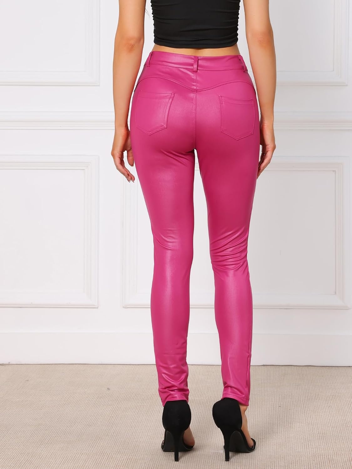 image:imageAllegra K Leather Pants for Women High Waist Stretch Tights Motorcycle Leggings with PocketsHot Pink