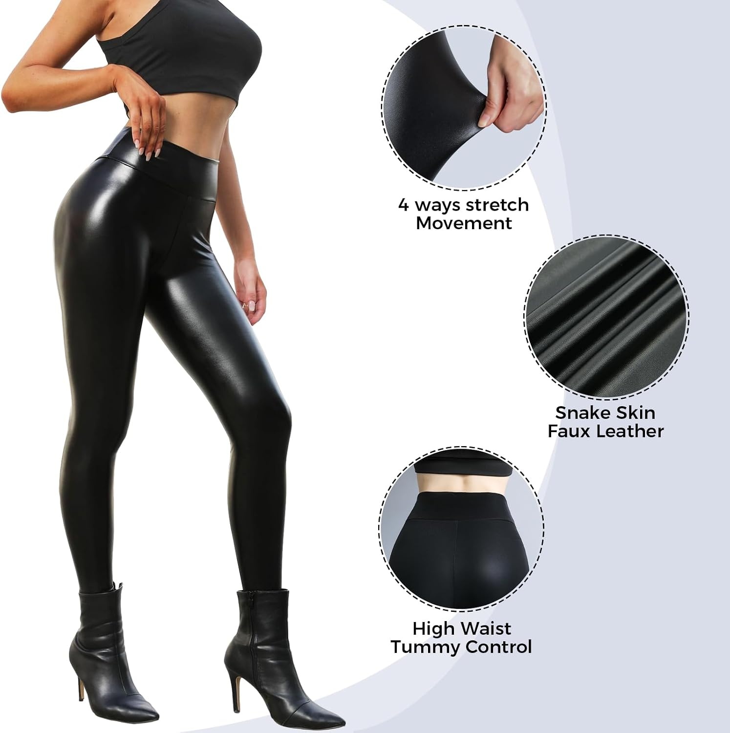 image:imageBuauty Womens Faux Leather Leggings Tummy Control High Waist Pants Leggings Depot PU Stretchy Pleather Pants Yoga TightsBlack