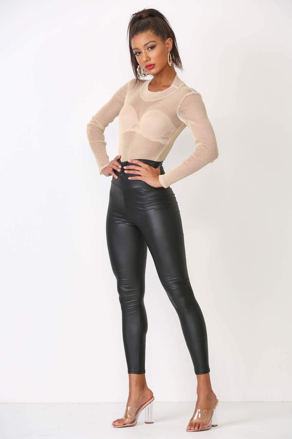 image:imageCemi Ceri Womens Faux Leather Leggings High Waisted Tummy Control Stretch Pants Dressy Shiny Slim Fit JeggingsBlack