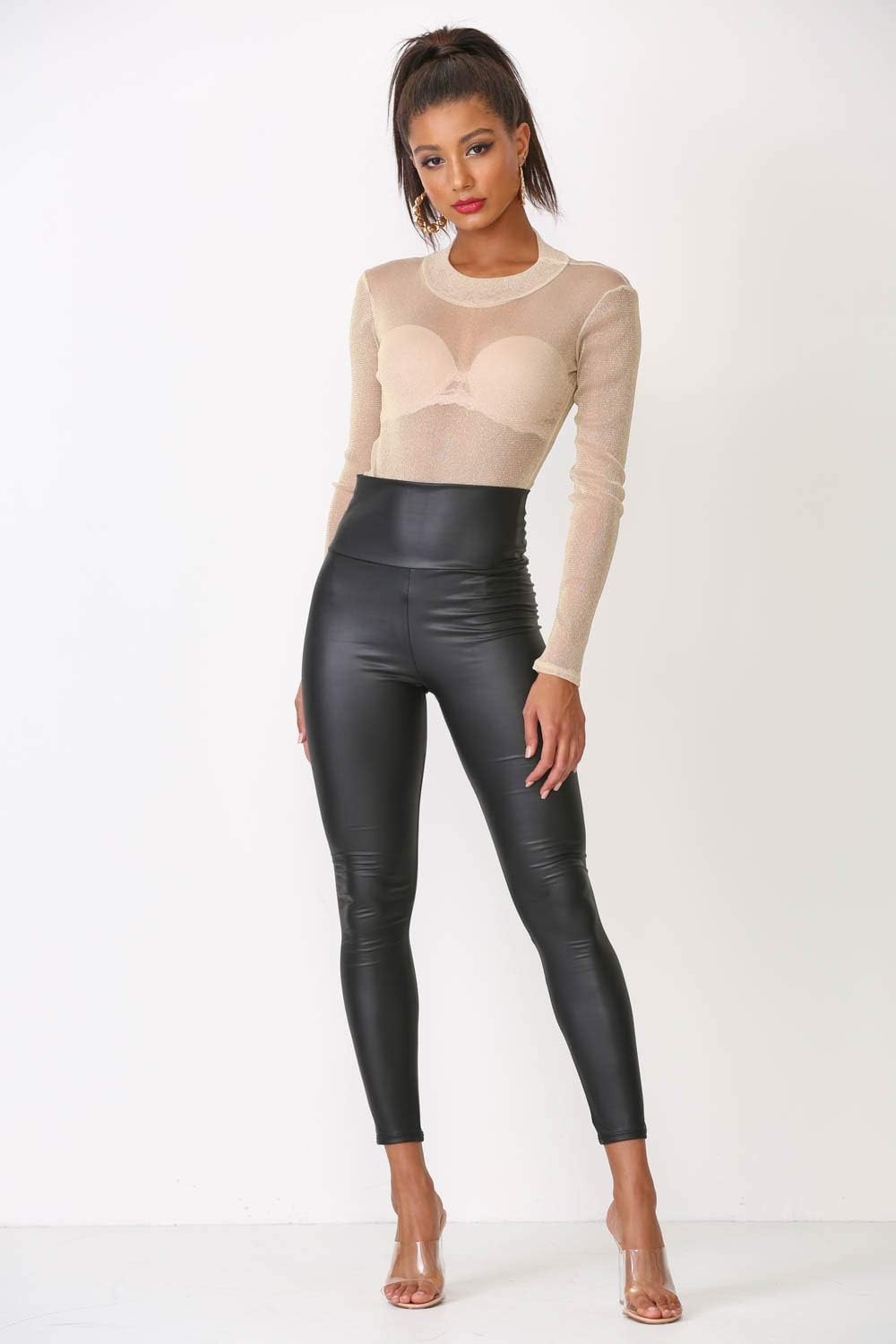 image:imageCemi Ceri Womens Faux Leather Leggings High Waisted Tummy Control Stretch Pants Dressy Shiny Slim Fit JeggingsBlack