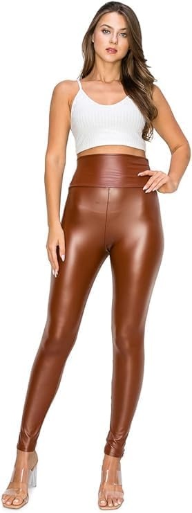 image:imageCemi Ceri Womens Faux Leather Leggings High Waisted Tummy Control Stretch Pants Dressy Shiny Slim Fit JeggingsFleece Camel
