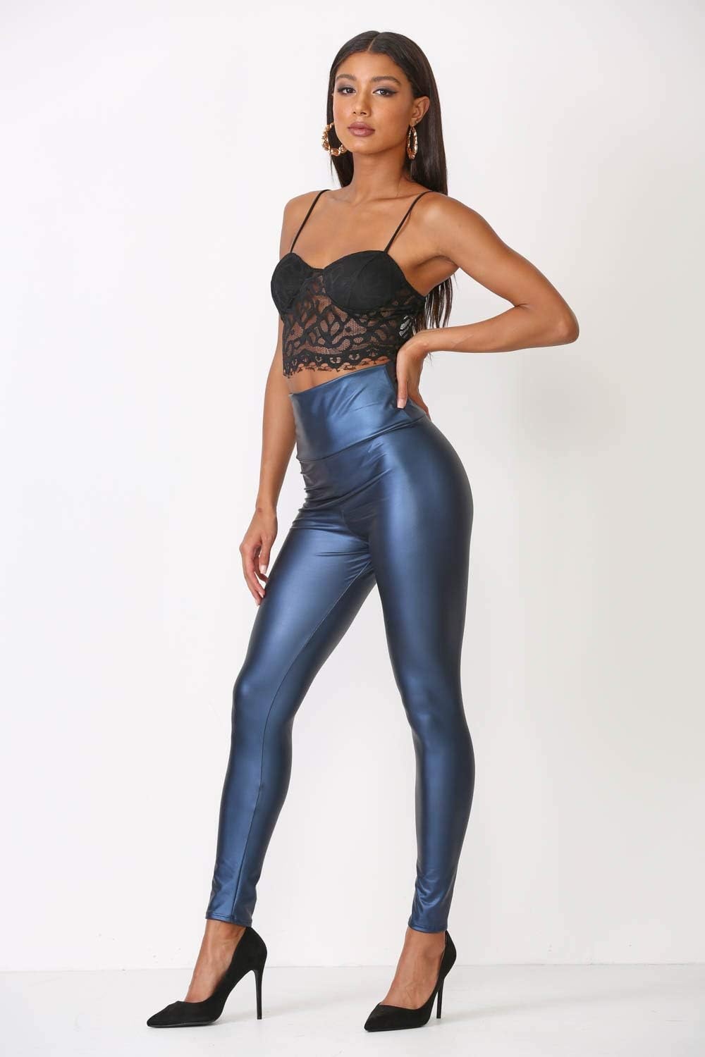image:imageCemi Ceri Womens Faux Leather Leggings High Waisted Tummy Control Stretch Pants Dressy Shiny Slim Fit JeggingsGunmetal Blue