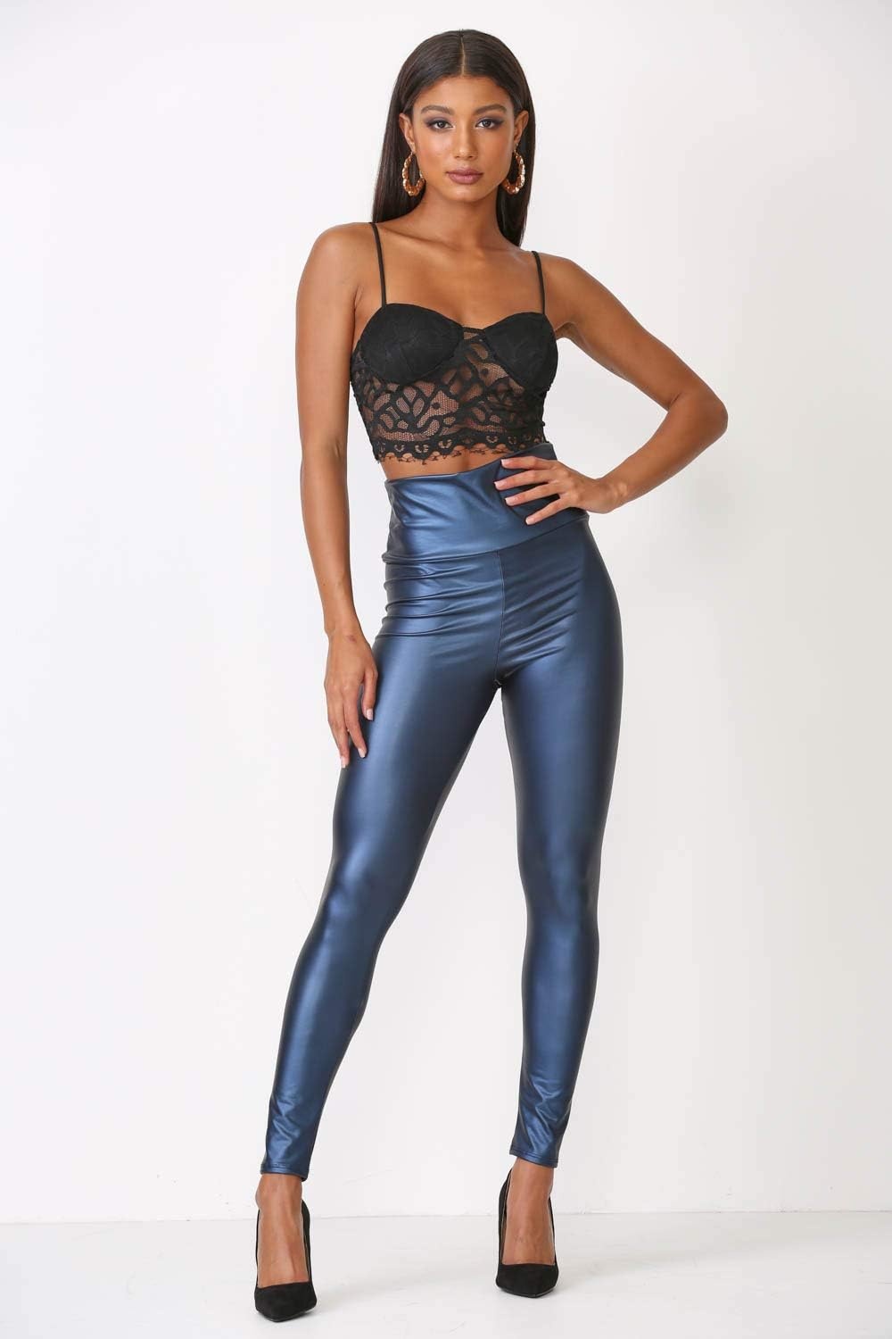 image:imageCemi Ceri Womens Faux Leather Leggings High Waisted Tummy Control Stretch Pants Dressy Shiny Slim Fit JeggingsGunmetal Blue