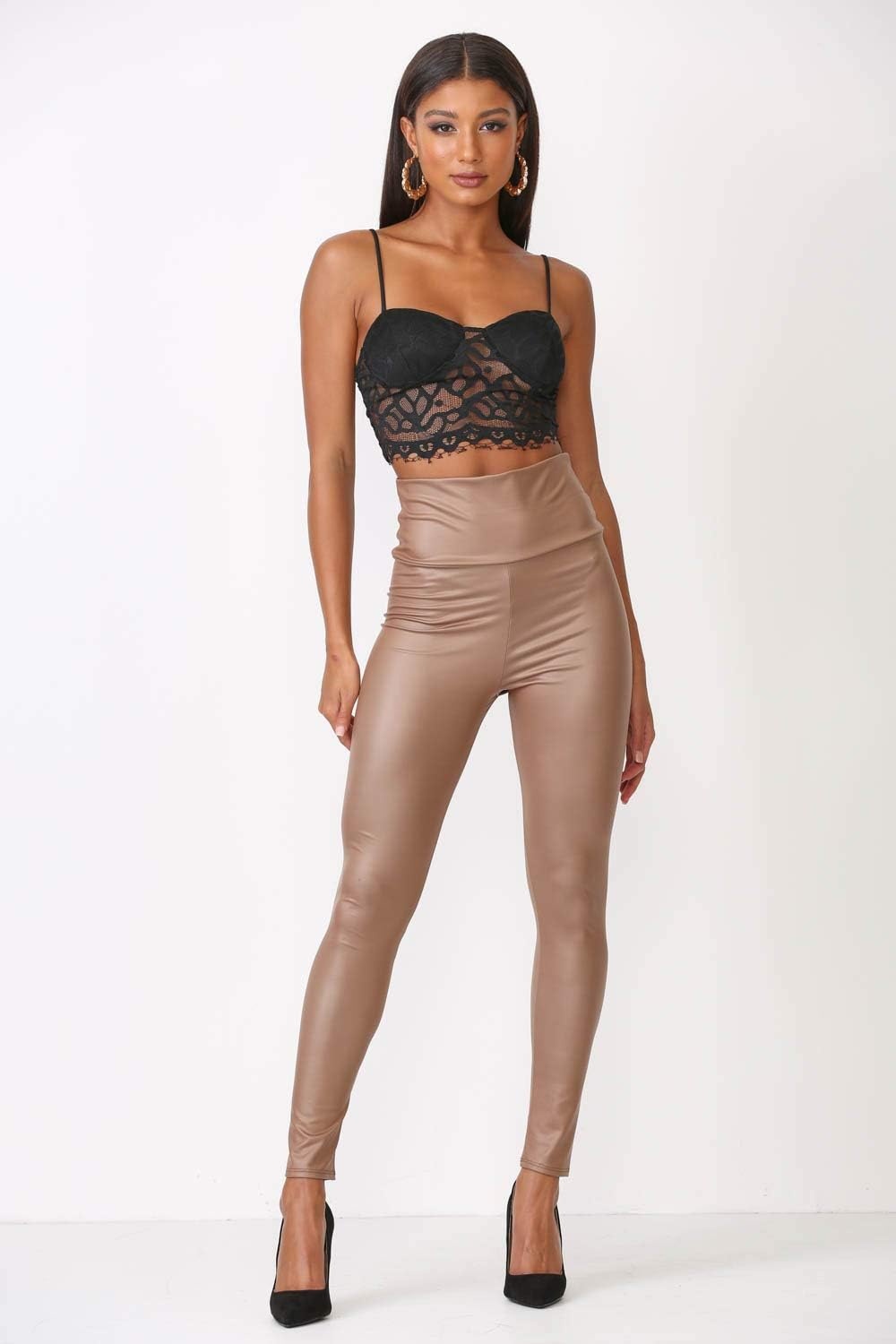 image:imageCemi Ceri Womens Faux Leather Leggings High Waisted Tummy Control Stretch Pants Dressy Shiny Slim Fit JeggingsMocha