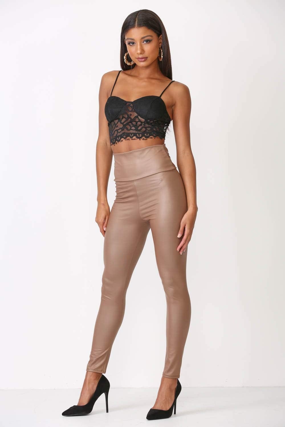 image:imageCemi Ceri Womens Faux Leather Leggings High Waisted Tummy Control Stretch Pants Dressy Shiny Slim Fit JeggingsMocha