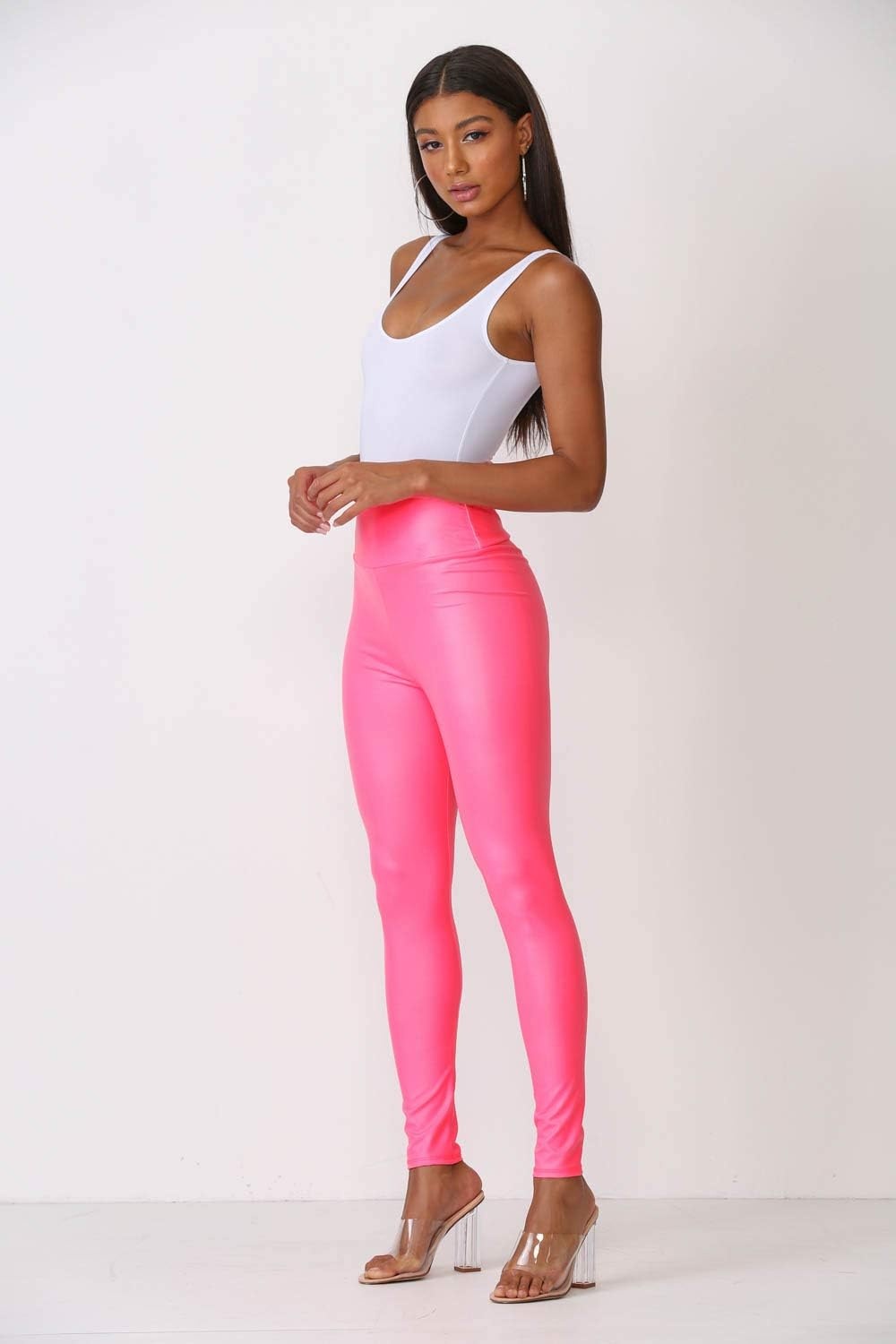 image:imageCemi Ceri Womens Faux Leather Leggings High Waisted Tummy Control Stretch Pants Dressy Shiny Slim Fit JeggingsNeon Pink