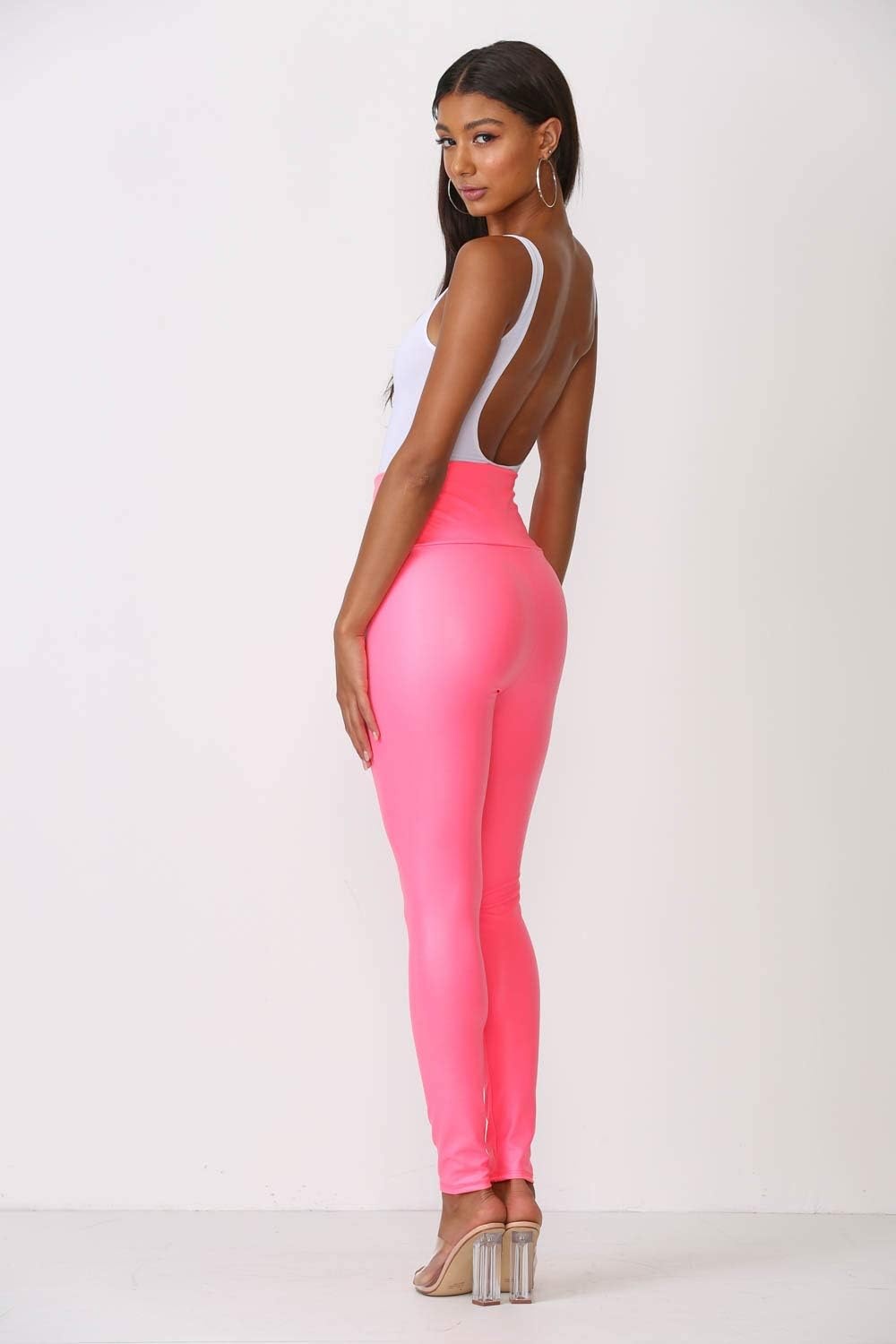 image:imageCemi Ceri Womens Faux Leather Leggings High Waisted Tummy Control Stretch Pants Dressy Shiny Slim Fit JeggingsNeon Pink