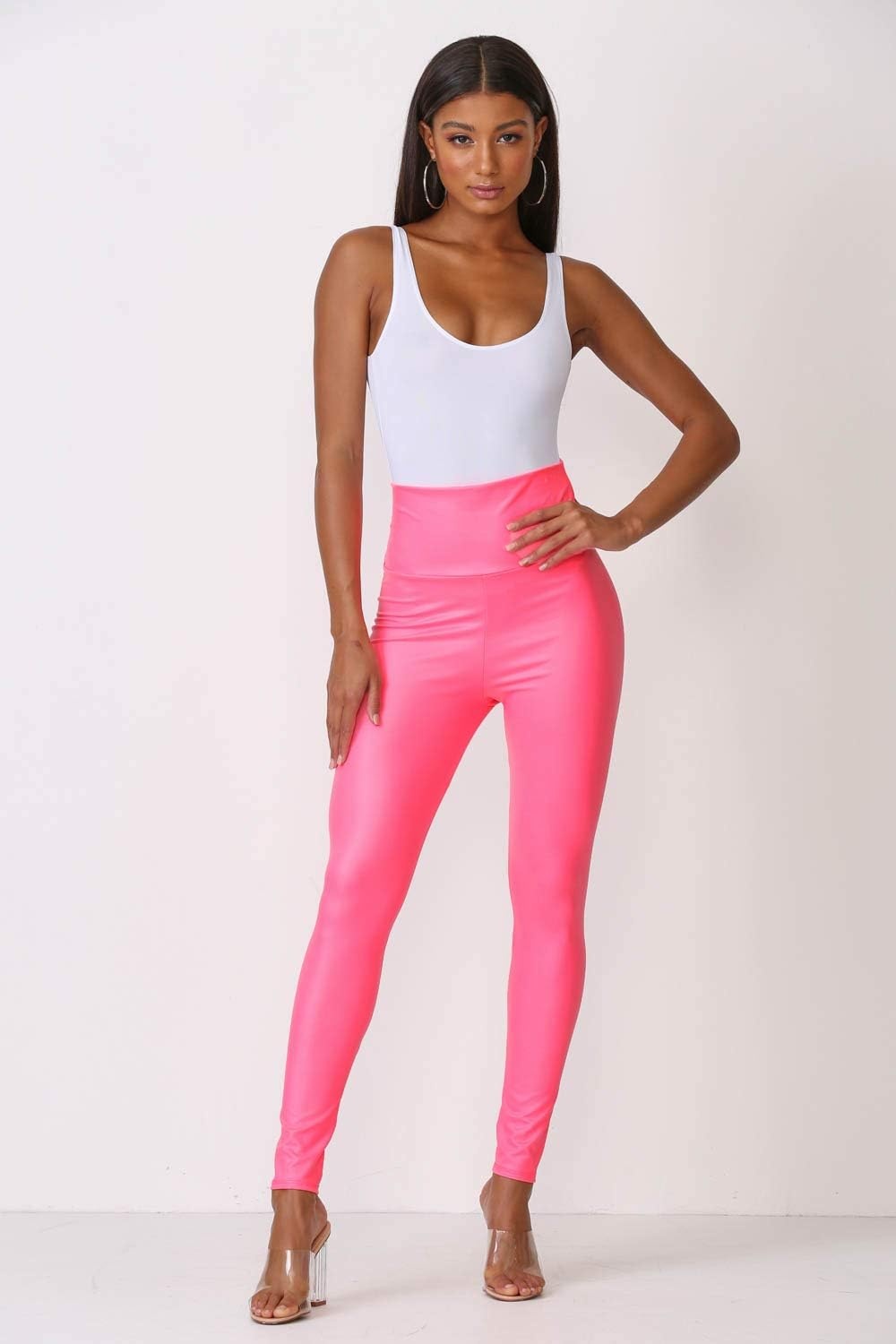 image:imageCemi Ceri Womens Faux Leather Leggings High Waisted Tummy Control Stretch Pants Dressy Shiny Slim Fit JeggingsNeon Pink