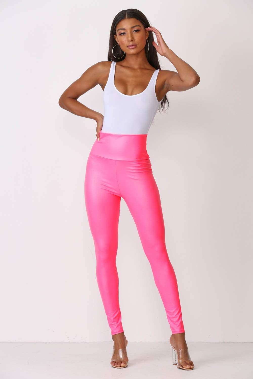image:imageCemi Ceri Womens Faux Leather Leggings High Waisted Tummy Control Stretch Pants Dressy Shiny Slim Fit JeggingsNeon Pink