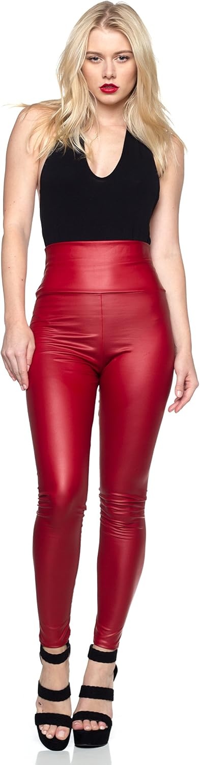 image:imageCemi Ceri Womens Faux Leather Leggings High Waisted Tummy Control Stretch Pants Dressy Shiny Slim Fit JeggingsRed