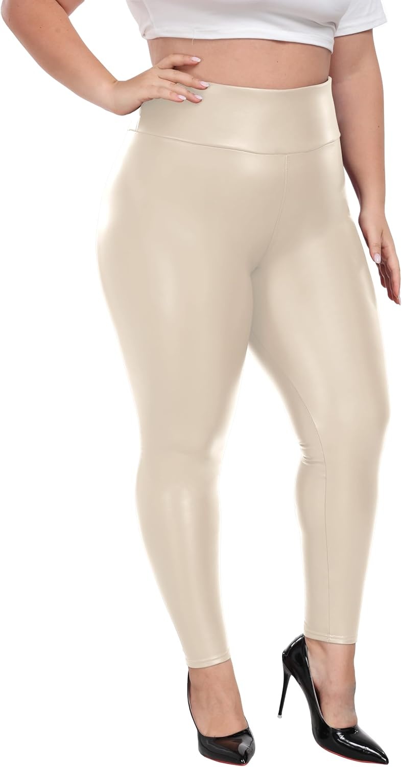 image:imageCheapestbuy Womens Plus Size Faux Leather Leggings High Waisted Pleather Pants Sexy PU Butt Lifting Leather TightsBeige