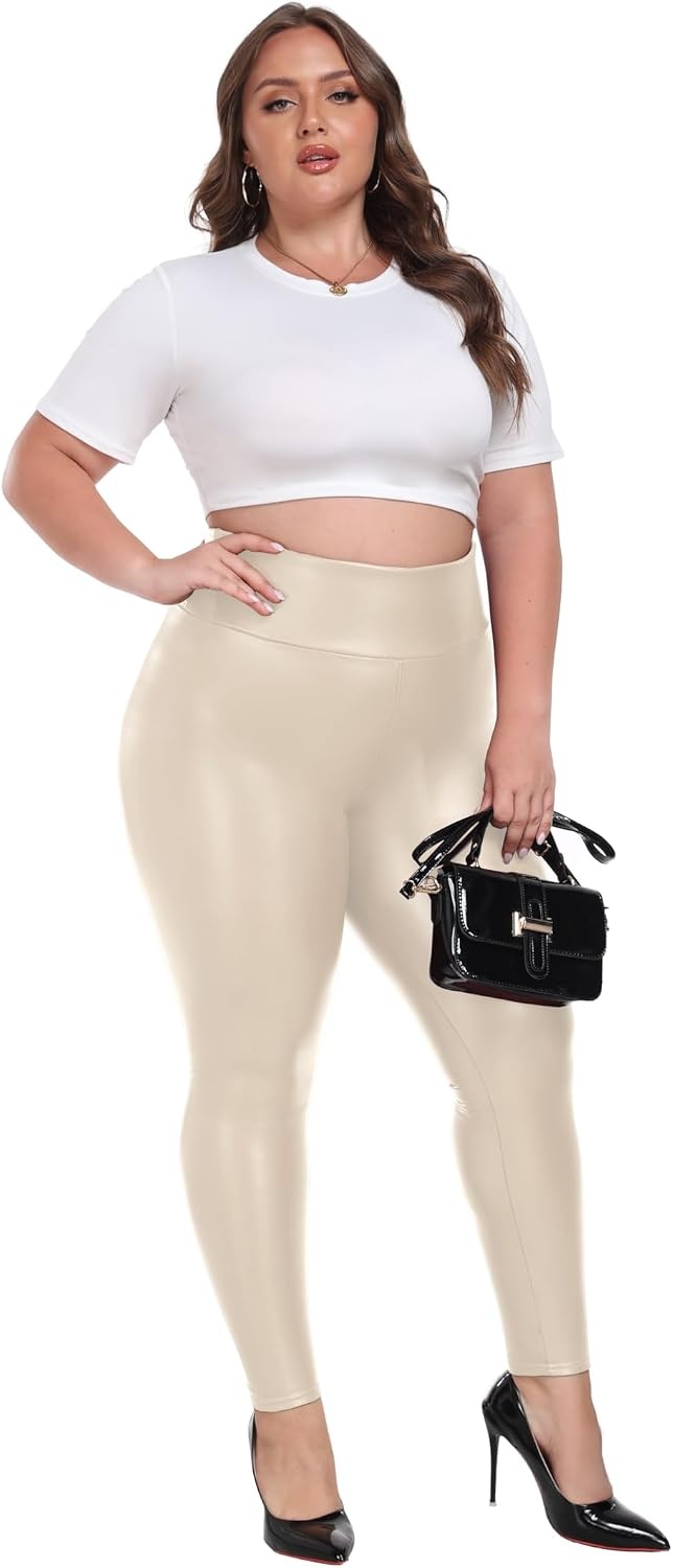 image:imageCheapestbuy Womens Plus Size Faux Leather Leggings High Waisted Pleather Pants Sexy PU Butt Lifting Leather TightsBeige