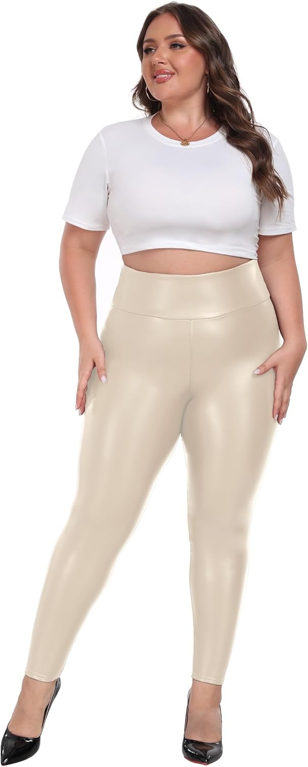 image:imageCheapestbuy Womens Plus Size Faux Leather Leggings High Waisted Pleather Pants Sexy PU Butt Lifting Leather TightsBeige