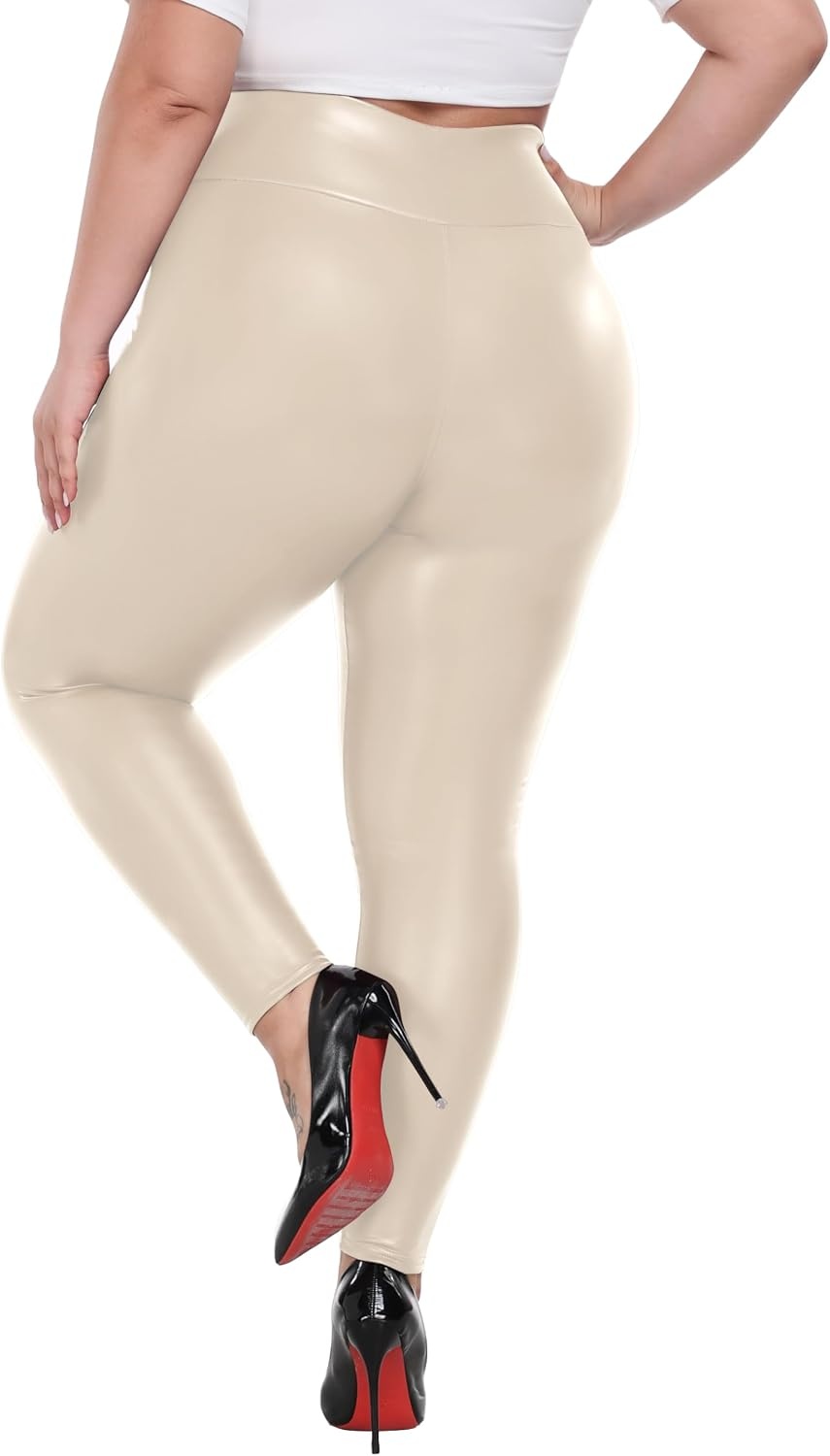 image:imageCheapestbuy Womens Plus Size Faux Leather Leggings High Waisted Pleather Pants Sexy PU Butt Lifting Leather TightsBeige