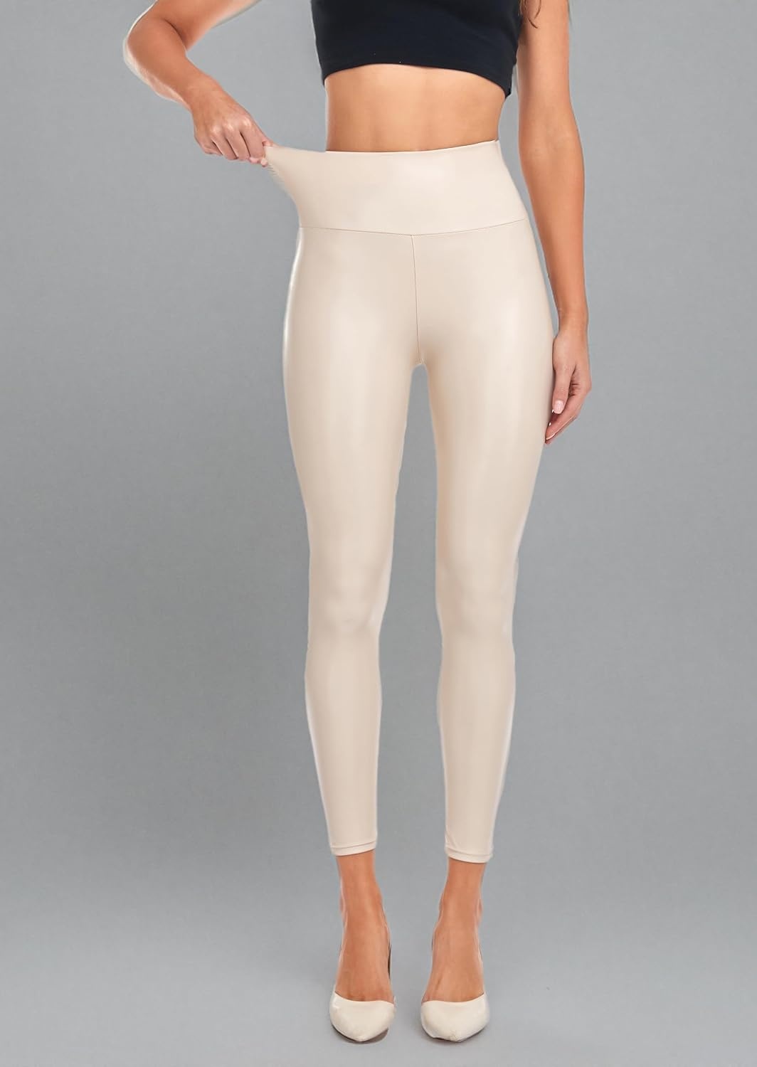 image:imageCheapestbuy Womens Plus Size Faux Leather Leggings High Waisted Pleather Pants Sexy PU Butt Lifting Leather TightsBeige