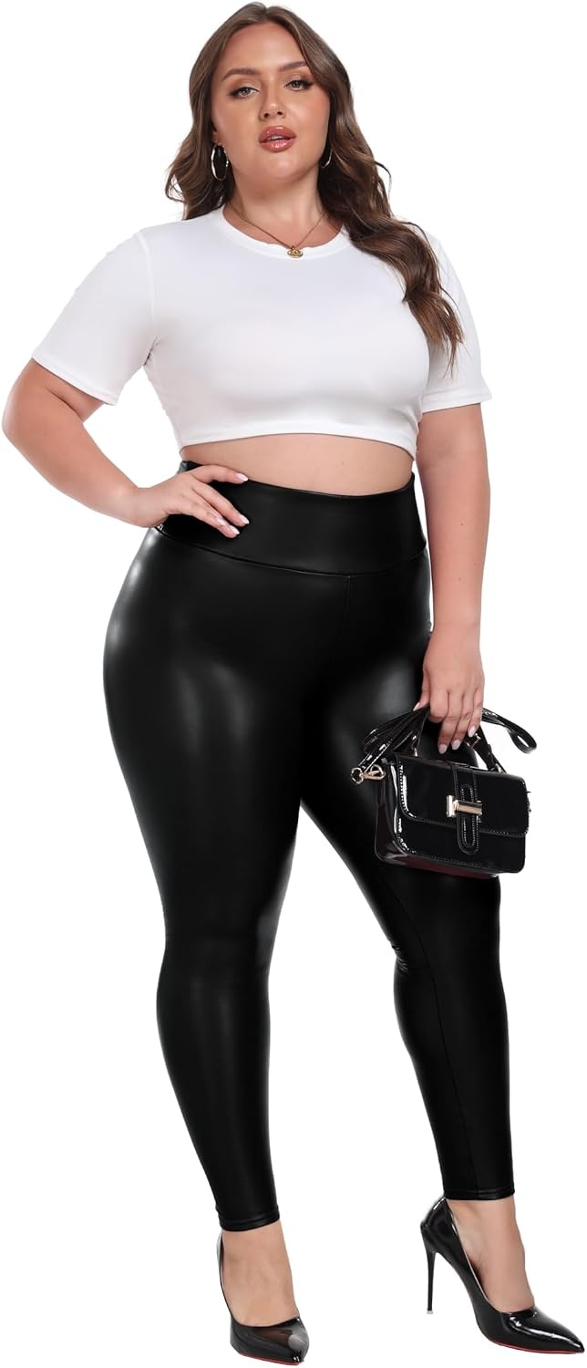 image:imageCheapestbuy Womens Plus Size Faux Leather Leggings High Waisted Pleather Pants Sexy PU Butt Lifting Leather TightsBlack