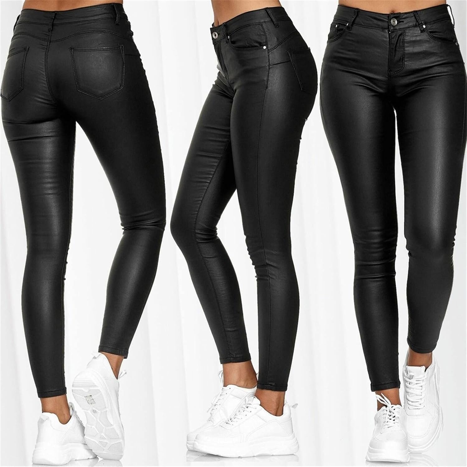 image:imageDGHMJLMY Womens Stretchy Solid Leather Pants Faux PU Tummy Control Dressy Leggings Slim Pleather Pants Tights LinedBlack