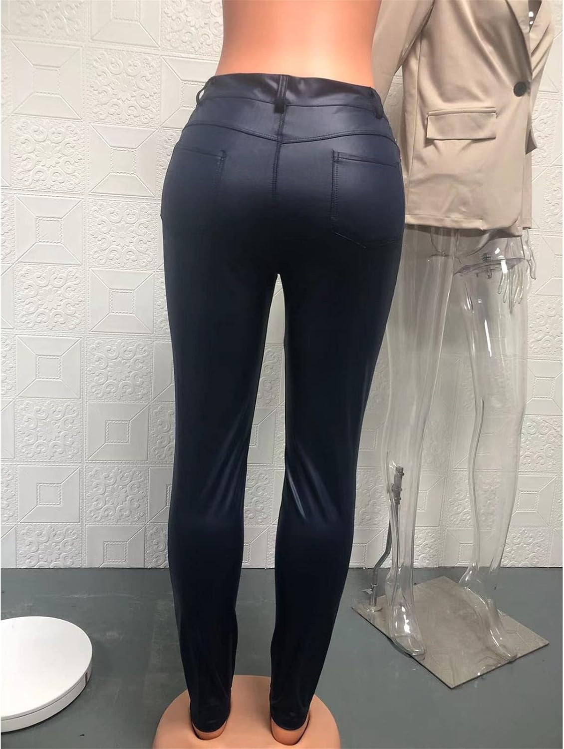 image:imageDGHMJLMY Womens Stretchy Solid Leather Pants Faux PU Tummy Control Dressy Leggings Slim Pleather Pants Tights LinedBlack