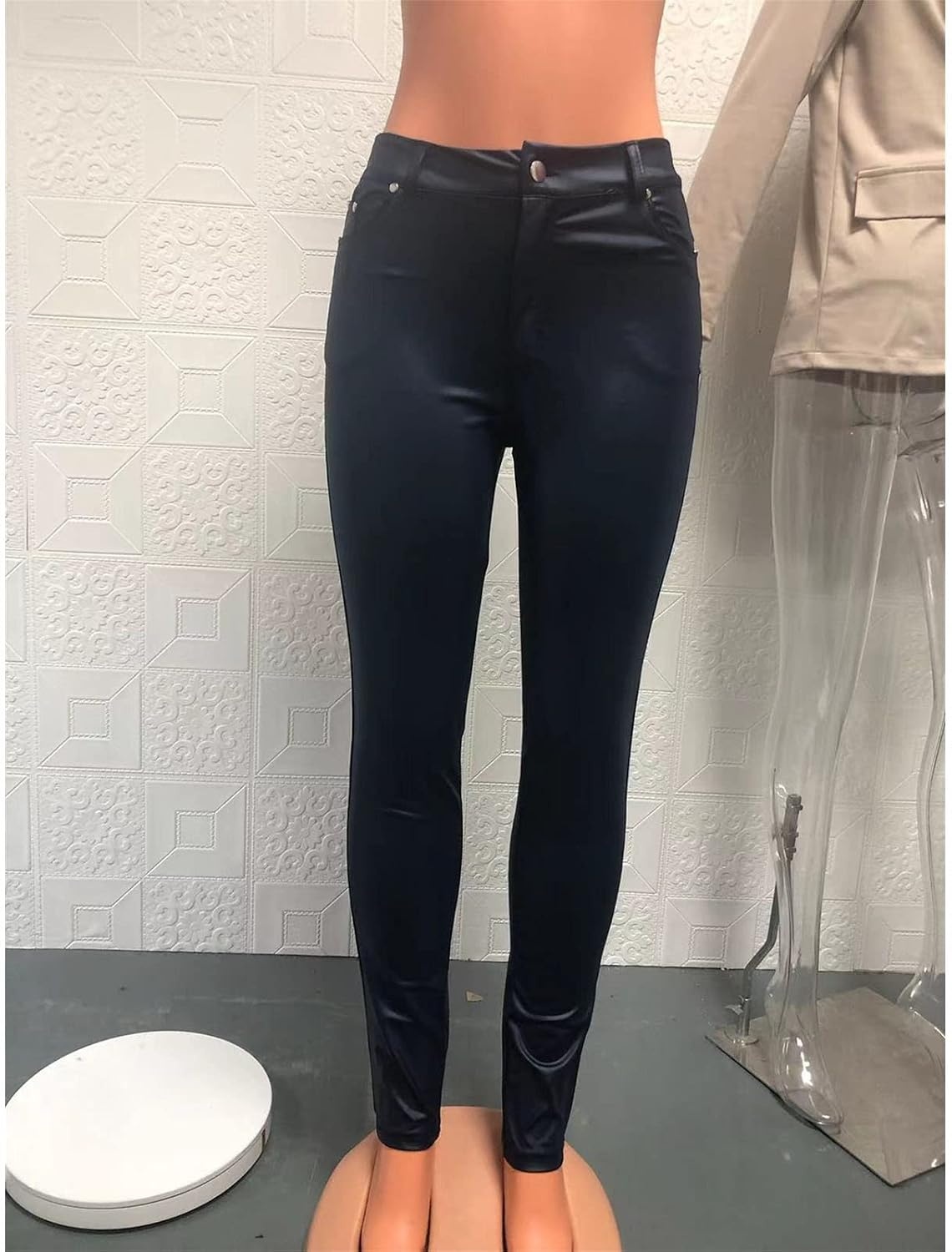 image:imageDGHMJLMY Womens Stretchy Solid Leather Pants Faux PU Tummy Control Dressy Leggings Slim Pleather Pants Tights LinedBlack