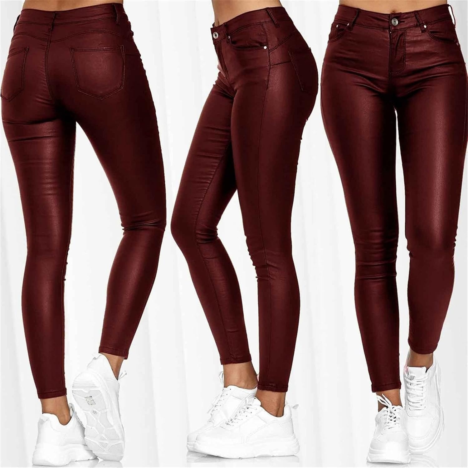 image:imageDGHMJLMY Womens Stretchy Solid Leather Pants Faux PU Tummy Control Dressy Leggings Slim Pleather Pants Tights LinedRed