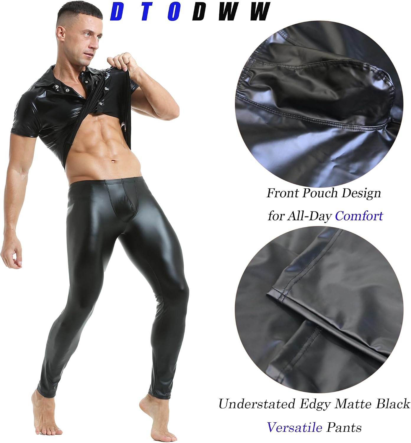 image:imageDTODWW Mens Faux Leather Activewear Leggings Slim Fit Tight Pants Long PU Pants for Men ClubwearA Black