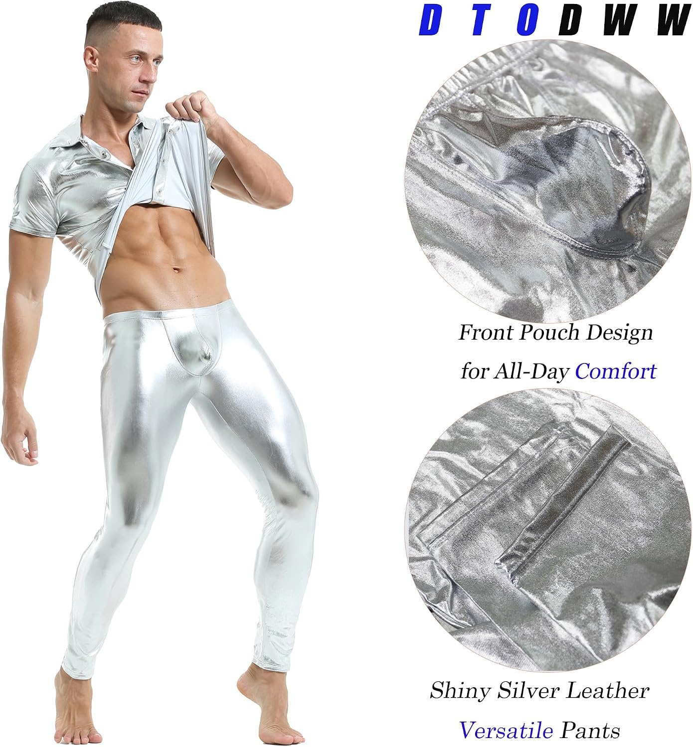 image:imageDTODWW Mens Faux Leather Activewear Leggings Slim Fit Tight Pants Long PU Pants for Men ClubwearA Silver