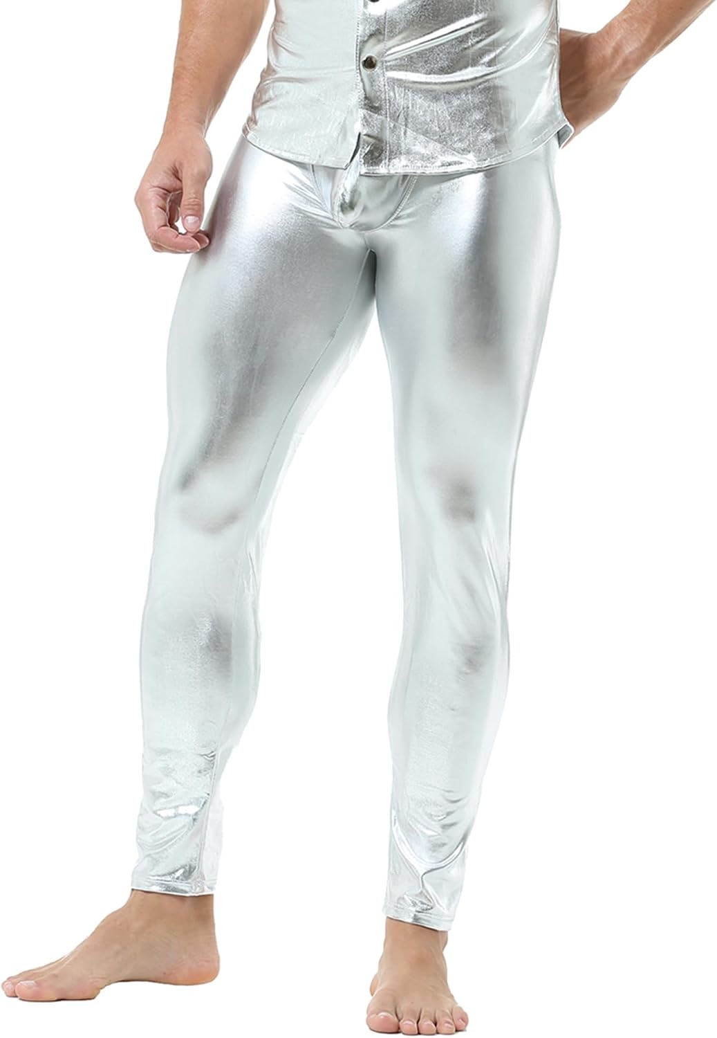 image:imageDTODWW Mens Faux Leather Activewear Leggings Slim Fit Tight Pants Long PU Pants for Men ClubwearA Silver