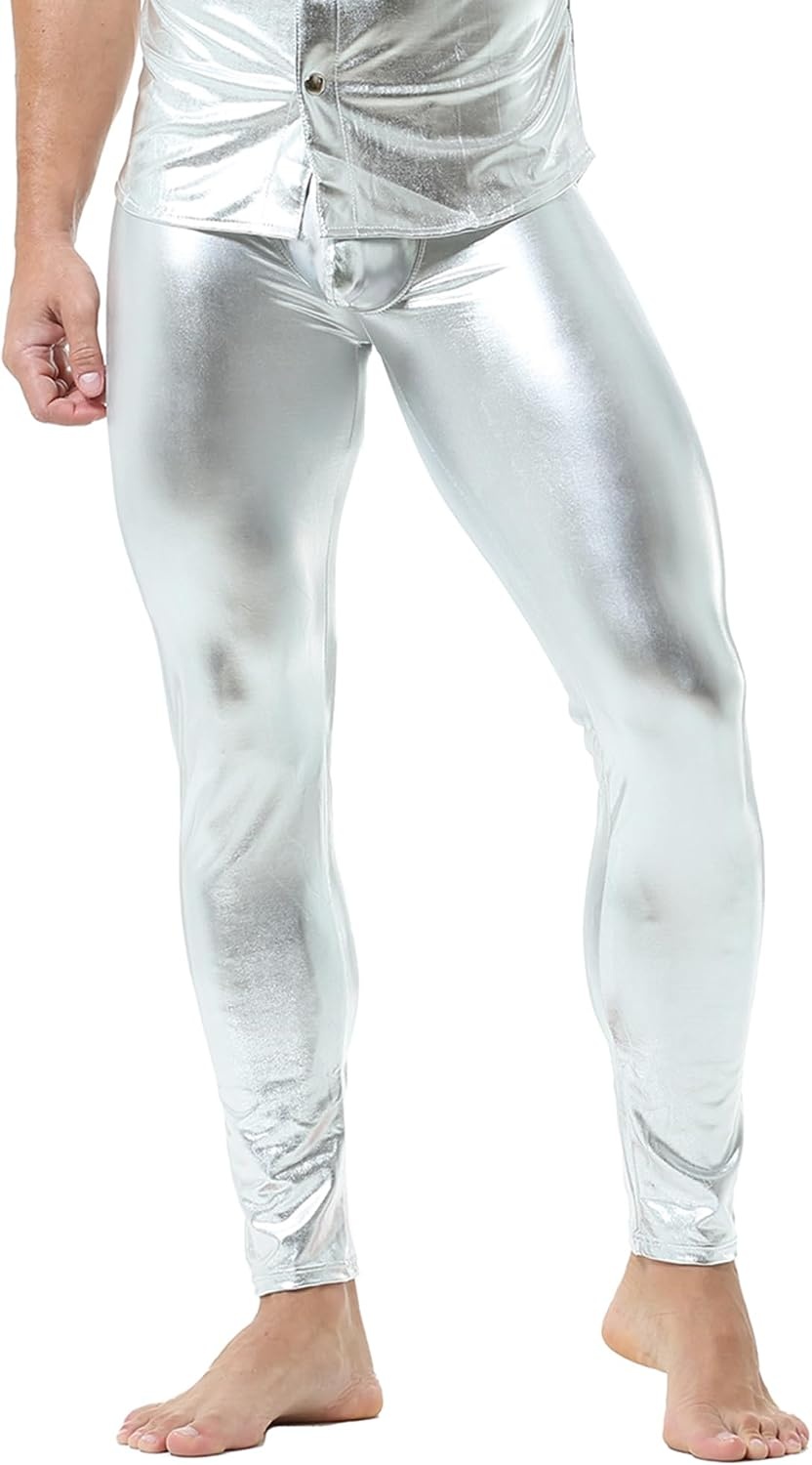 image:imageDTODWW Mens Faux Leather Activewear Leggings Slim Fit Tight Pants Long PU Pants for Men ClubwearA Silver