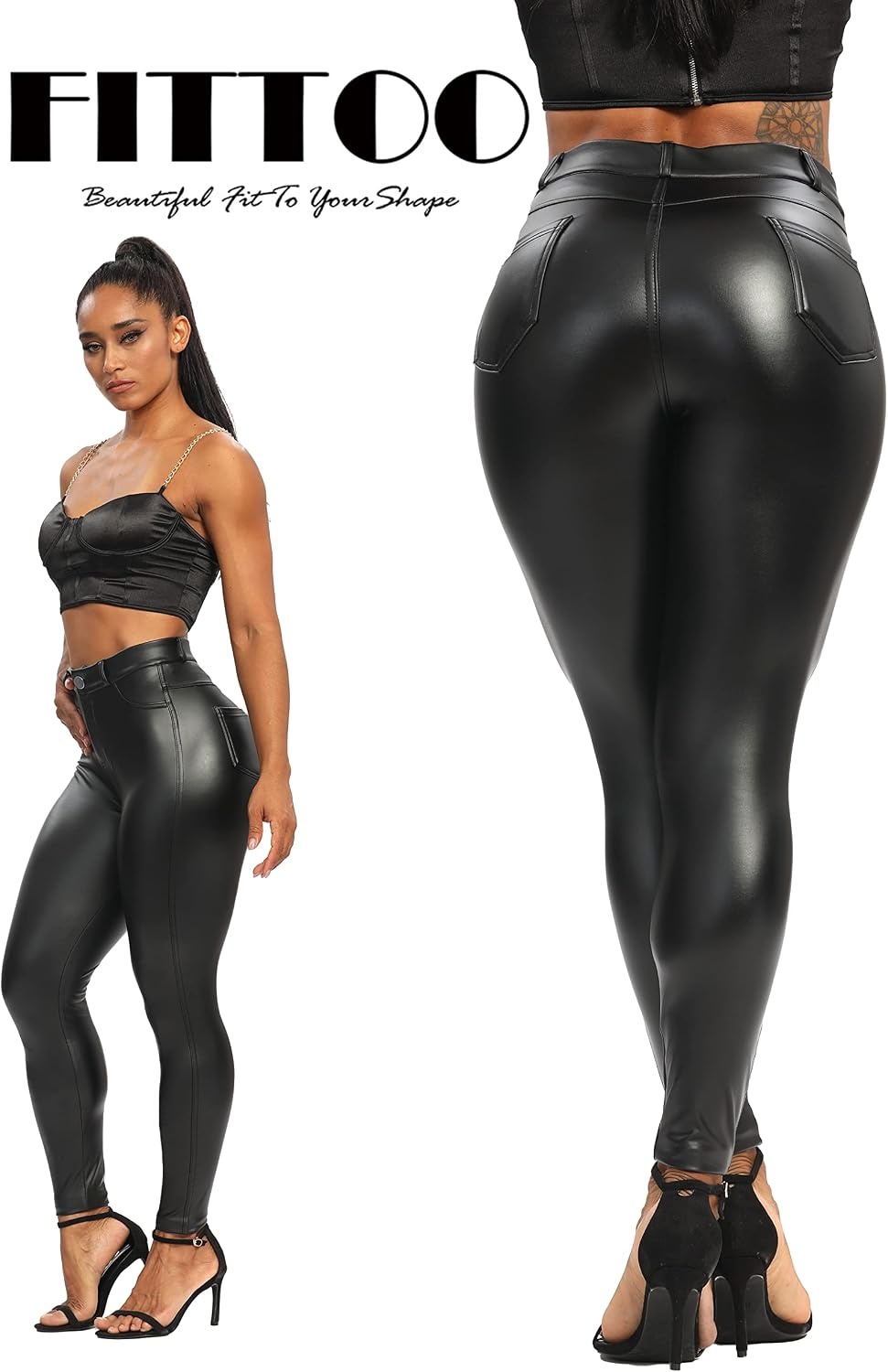 image:imageFITTOO Faux Leather Leggings for Women Fleece Lined Pleather Pants with PocketsApocket Black