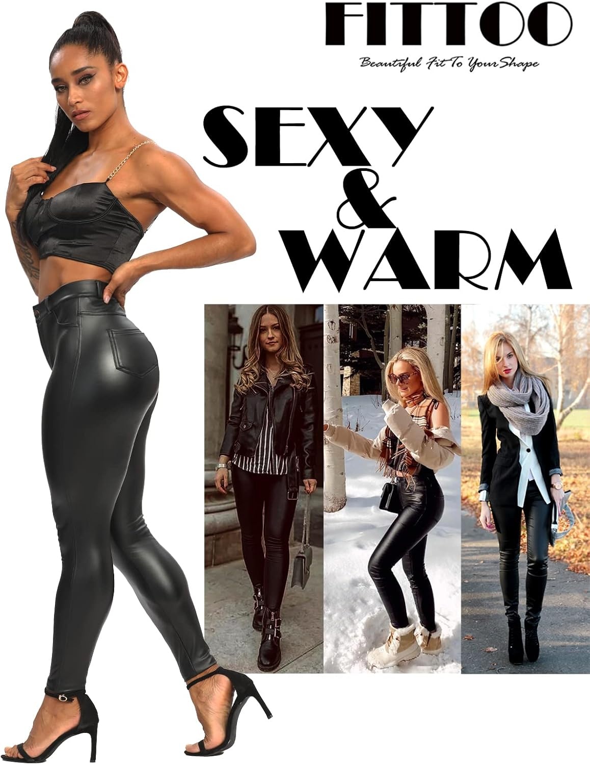 image:imageFITTOO Faux Leather Leggings for Women Fleece Lined Pleather Pants with PocketsApocket Black