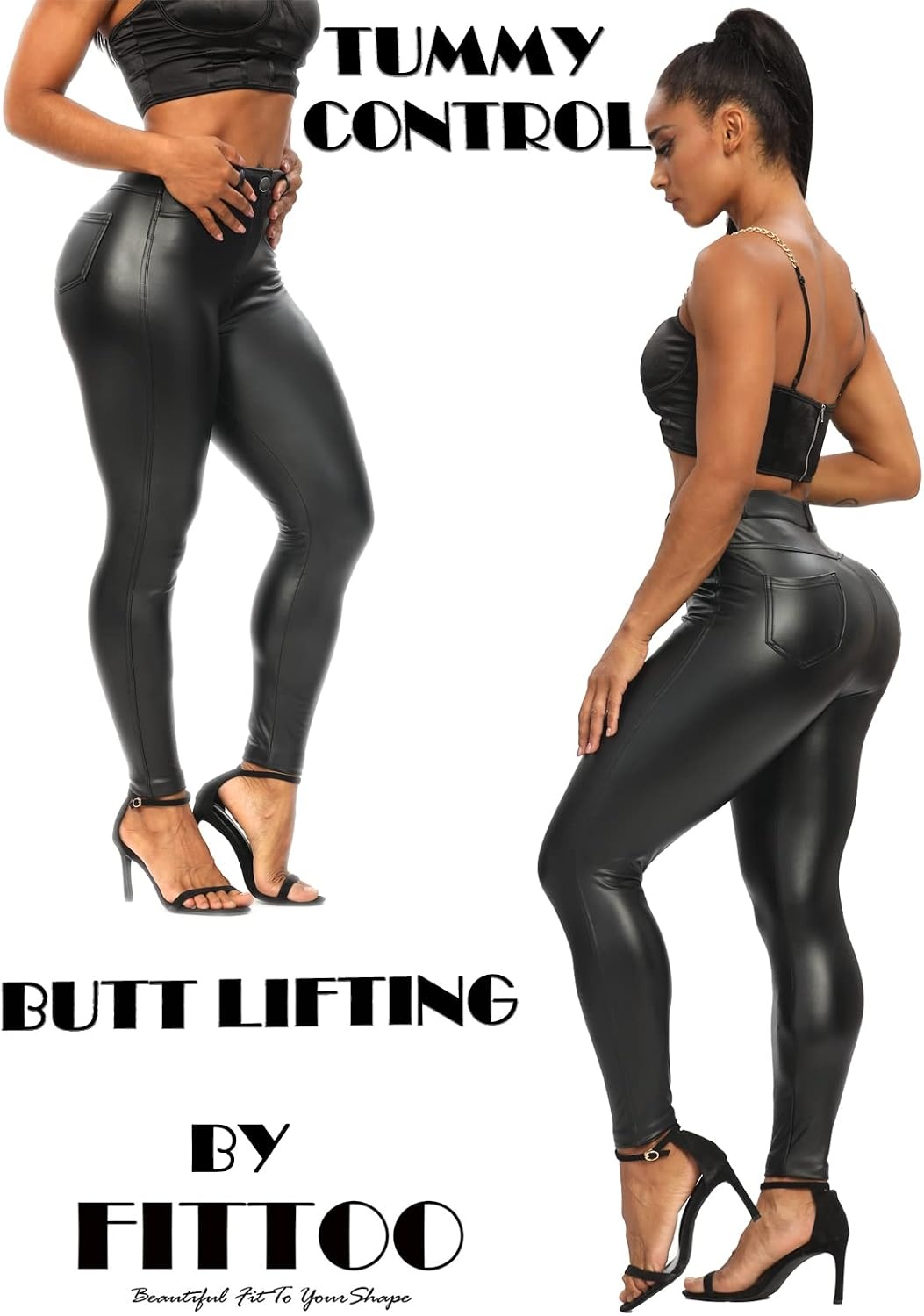 image:imageFITTOO Faux Leather Leggings for Women Fleece Lined Pleather Pants with PocketsApocket Black