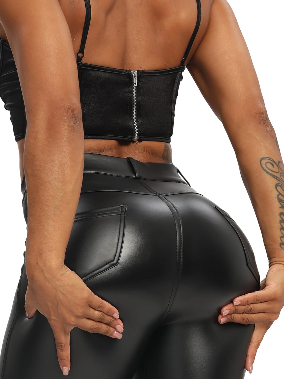 image:imageFITTOO Faux Leather Leggings for Women Fleece Lined Pleather Pants with PocketsApocket Black
