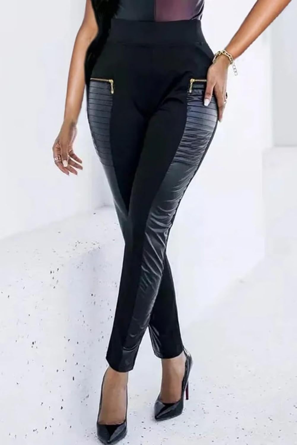 image:imageFlamingals Faux Leather Leggings for Women Tummy Control High WaistedBlack